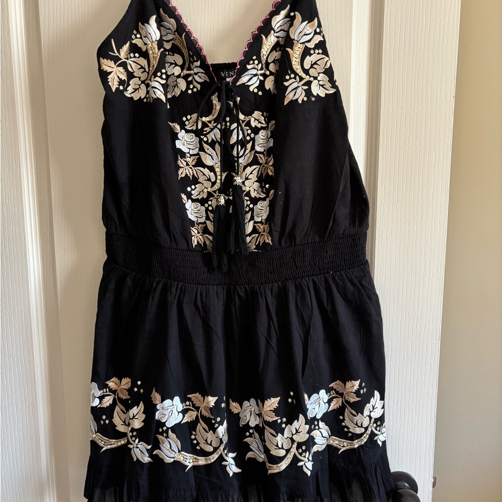 VENUS Black Mini Dress with Cream & White Floral Embroidery